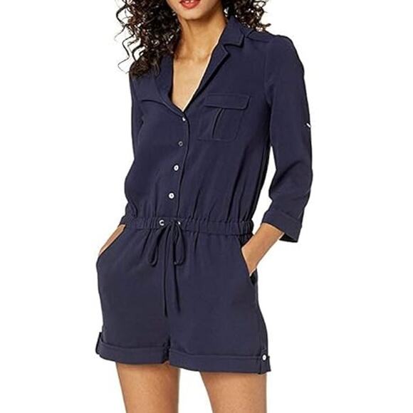REVOLVE Likely Ellie Romper Button Front 3/4 Sleeve Crepe Navy Blue, NWT - Picture 1 of 13